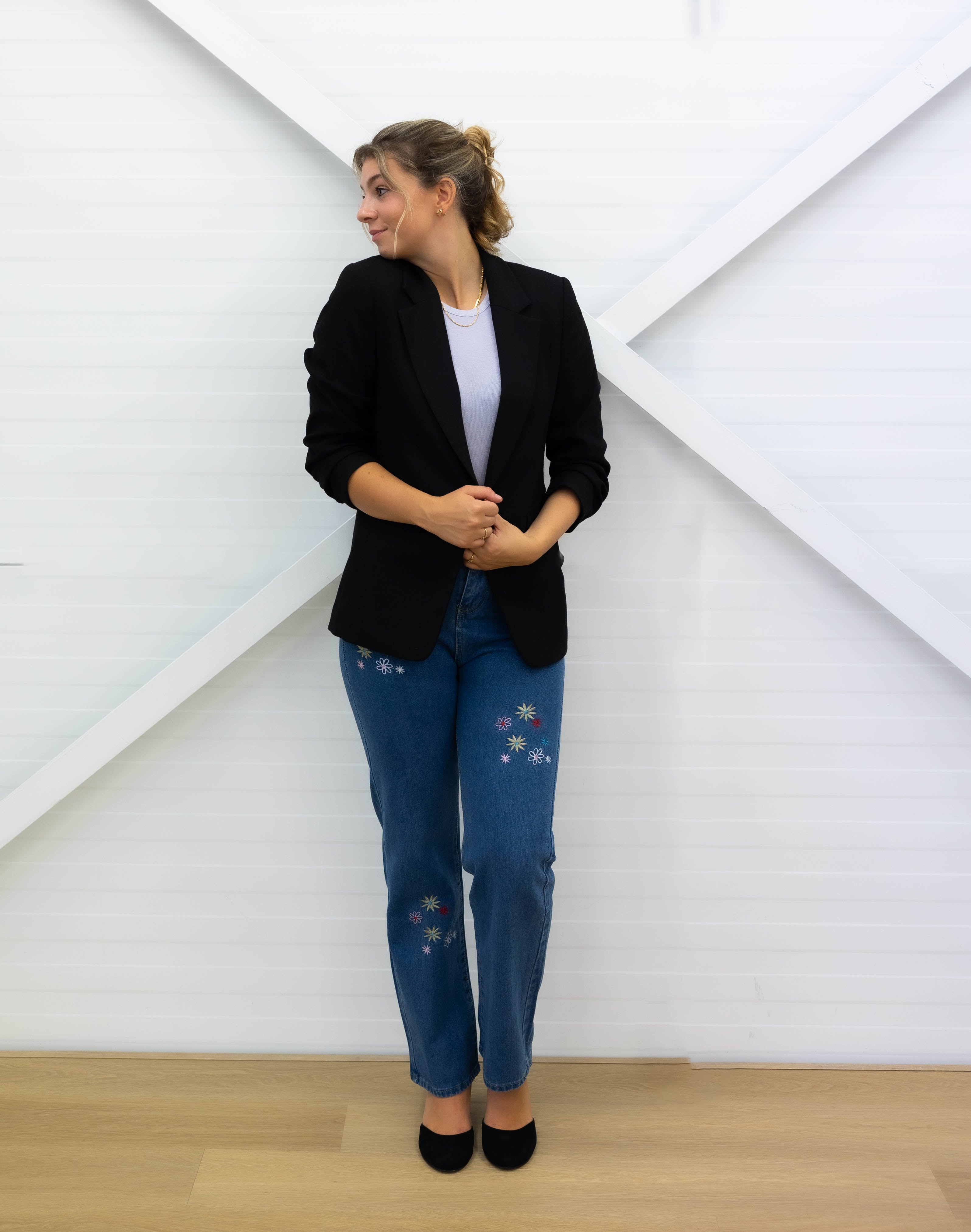 FLOWERED Straight Leg Jeans - Medium Blue Denim