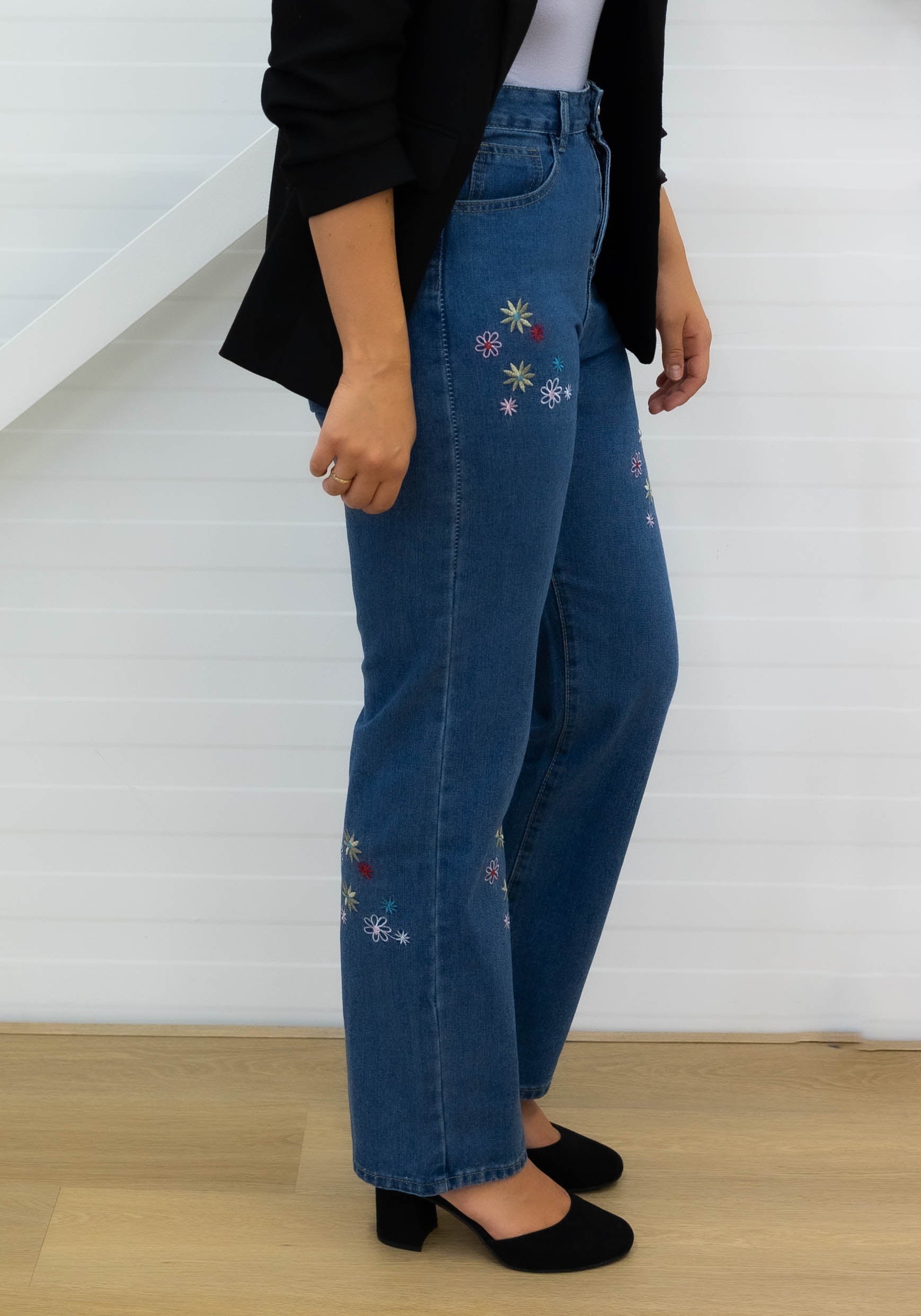 FLOWERED Straight Leg Jeans - Medium Blue Denim