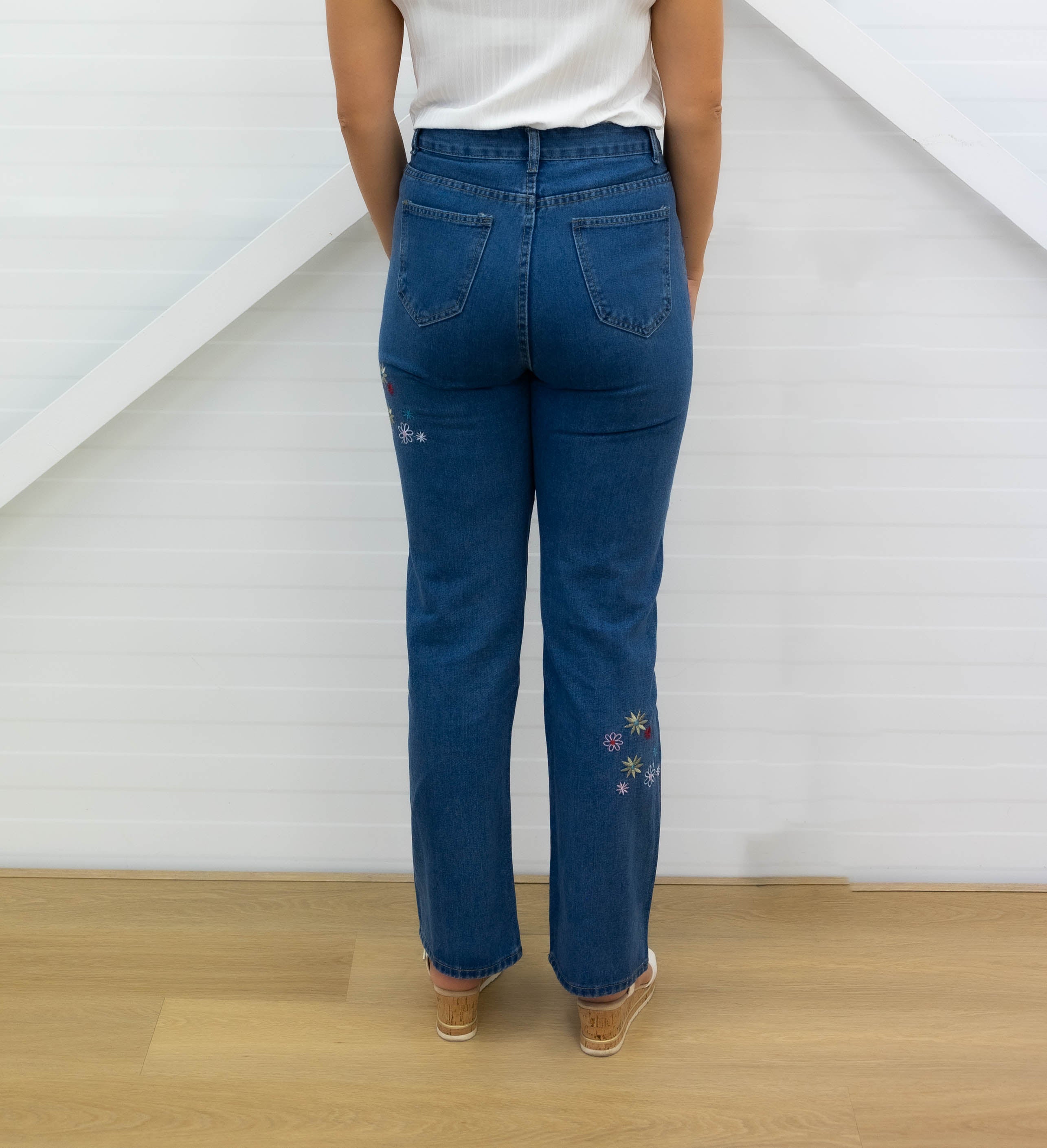 FLOWERED Straight Leg Jeans - Medium Blue Denim