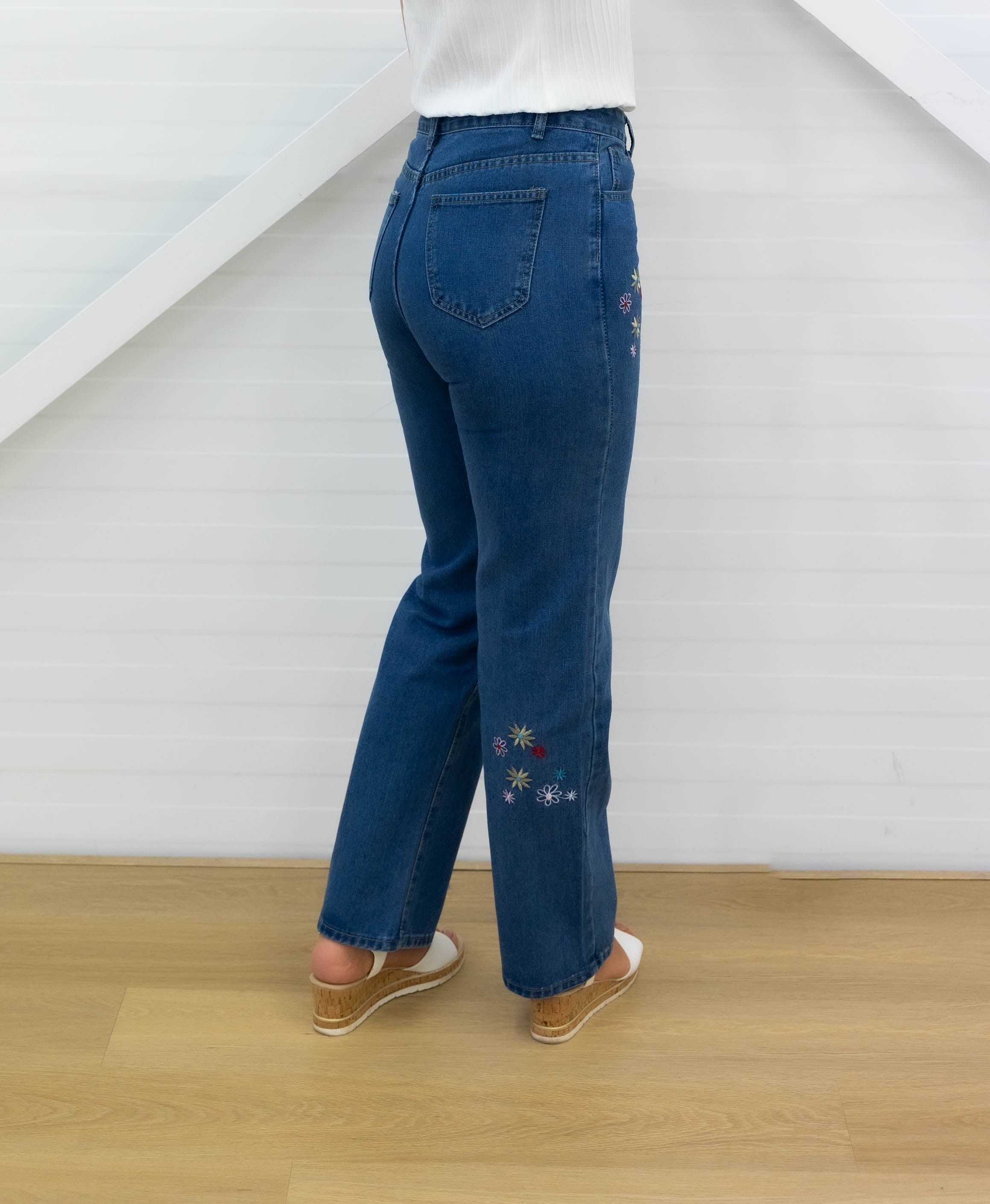 FLOWERED Straight Leg Jeans - Medium Blue Denim