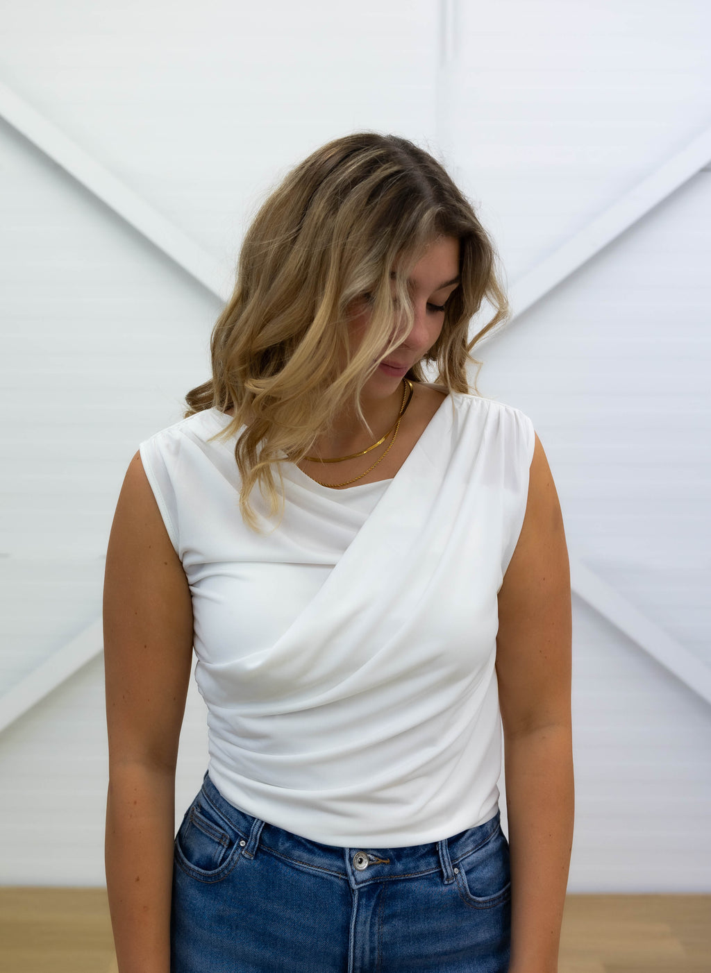 TOP - Draped Neckline - White